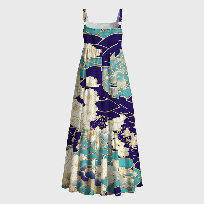 Tokyo-Tiger Gold Stroke Flowers Maxi Dress