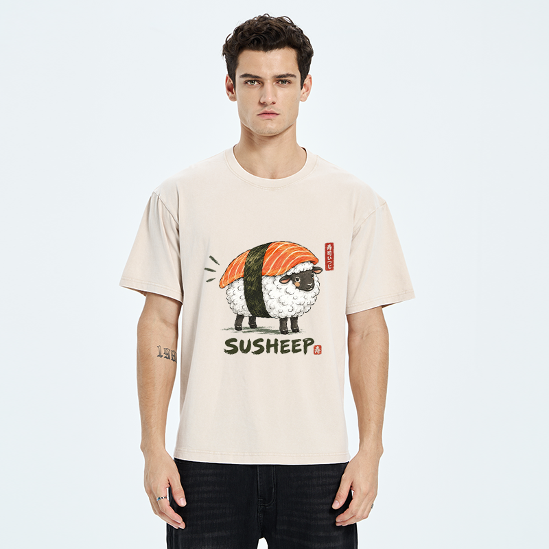 Tokyo-Tiger Cute Sushi Sheep Washed T-Shirt