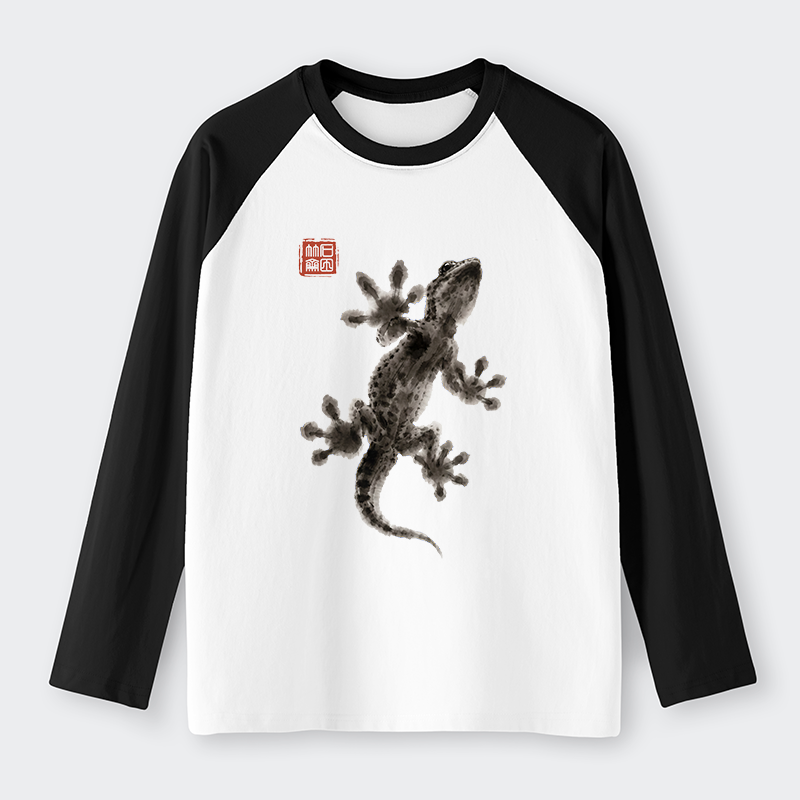 Tokyo-Tiger Minimal Asian Ink Brush Gecko Vibe Raglan Long Sleeve T-shirt