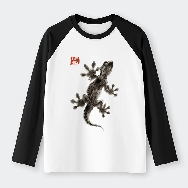 Tokyo-Tiger Minimal Asian Ink Brush Gecko Vibe Raglan Long Sleeve T-shirt