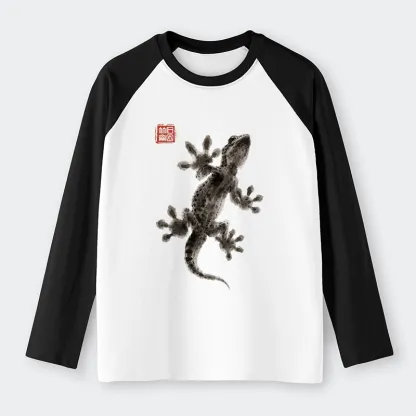 Tokyo-Tiger Minimal Asian Ink Brush Gecko Vibe Raglan Long Sleeve T-shirt