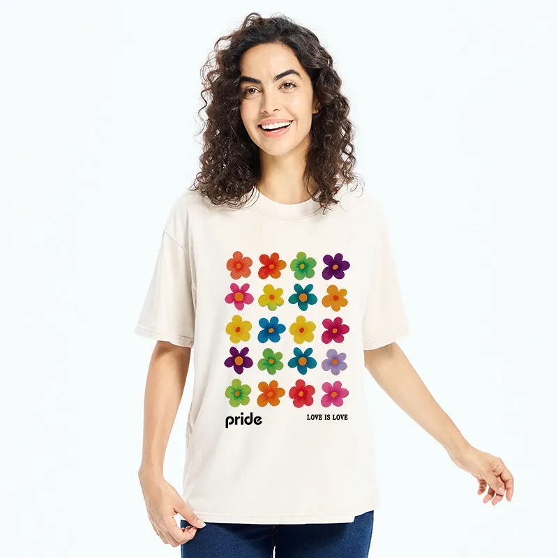 Tokyo-Tiger Colorful Flower Grid For Pride Month Washed T-Shirt