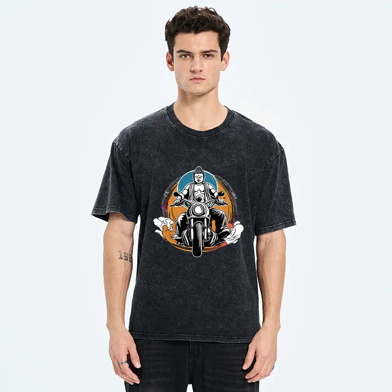 Tokyo-Tiger Buddha Riding A Motorcycle Washed T-Shirt