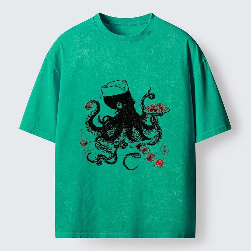 Tokyo-Tiger Octopus Making Sushi Funny Meme Washed T-Shirt