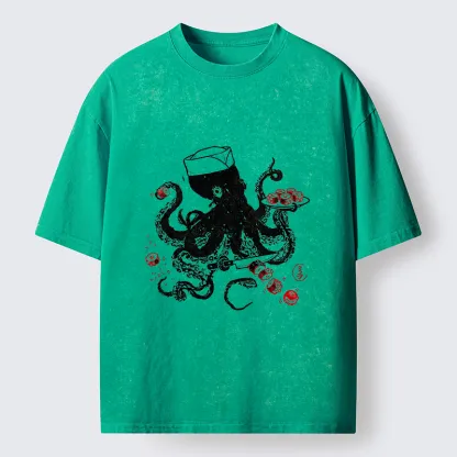 Tokyo-Tiger Octopus Making Sushi Funny Meme Washed T-Shirt