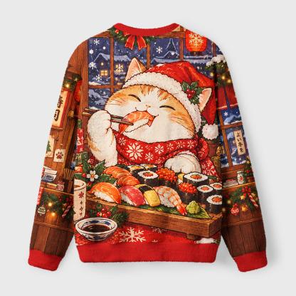 Tokyo-Tiger Sushi Eating Christmas Cat Fuzzy Christmas Ugly Sweatshirt
