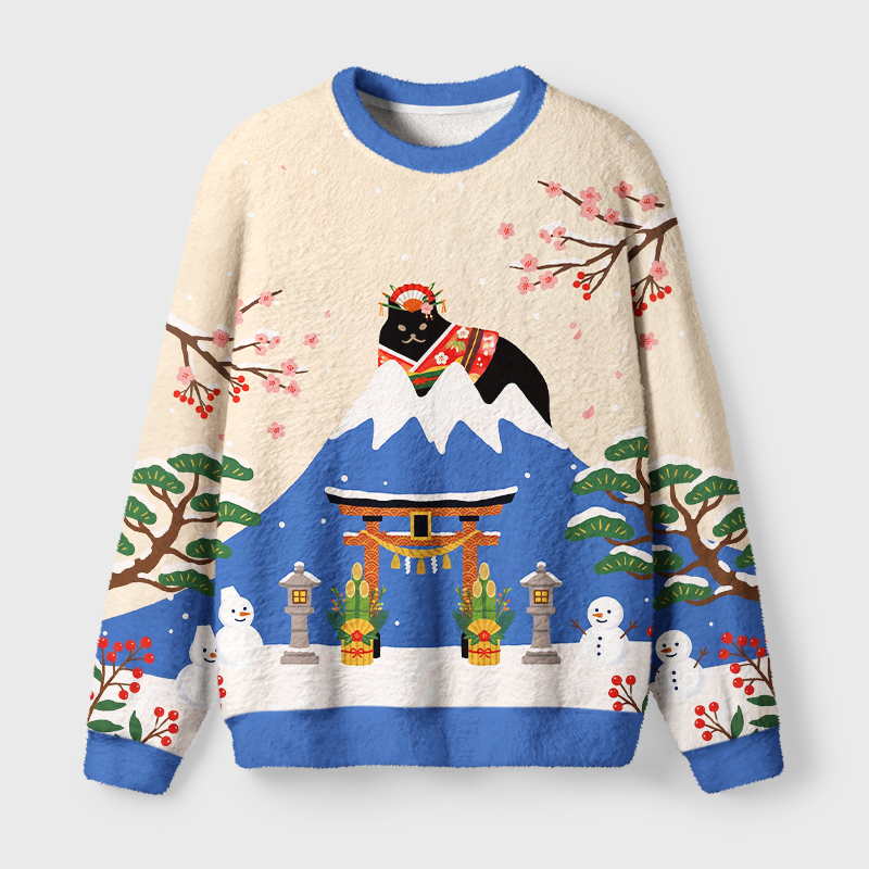 Tokyo-Tiger Cat On Mount Fuji Fuzzy Christmas Ugly Sweatshirt