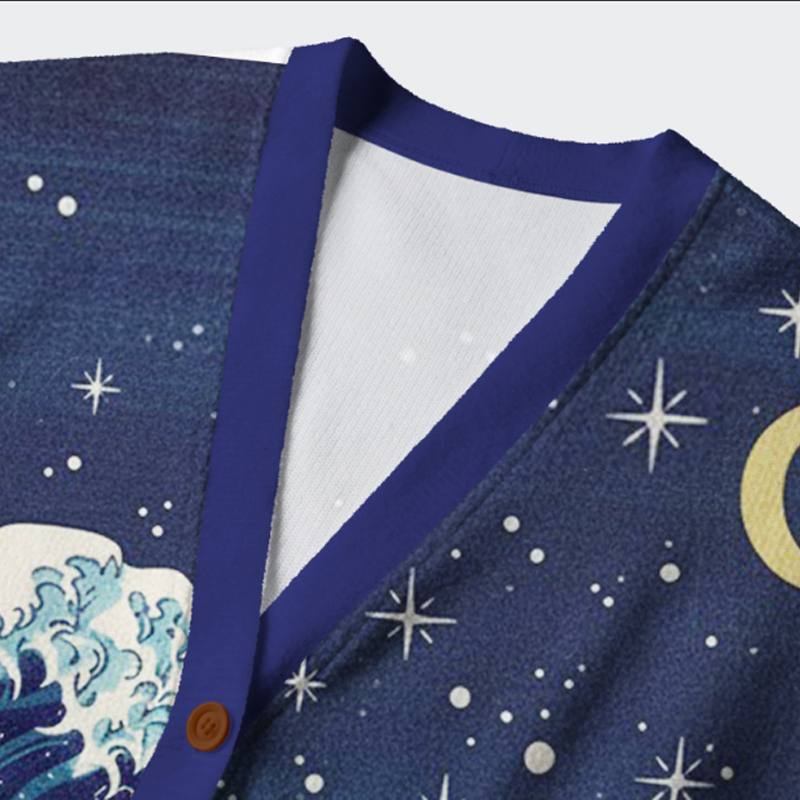 Tokyo-Tiger Cat Staring at the Starry Night Ugly Cardigan Sweater