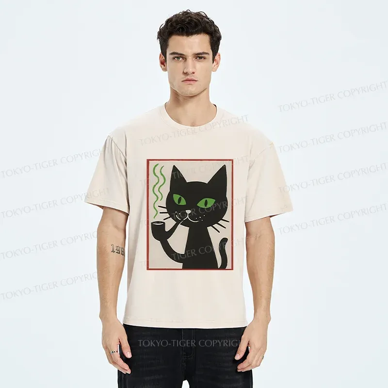 Tokyo-Tiger Black Cat Smoking Washed T-Shirt