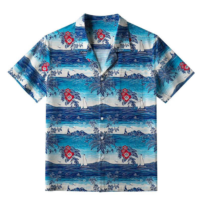 Tokyo-Tiger Seaside Floral And Sailboats Aloha Hawaiian Shirt