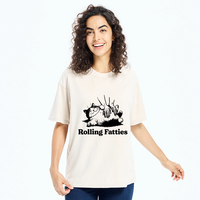 Tokyo-Tiger Rolling Fatties Cat Massage Meme Washed T-Shirt
