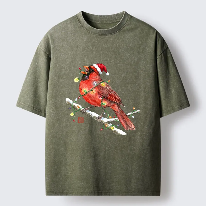 Tokyo-Tiger Christmas Cardinal Bird Washed T-Shirt