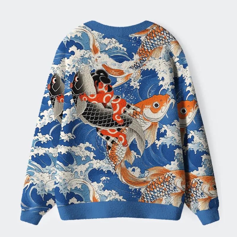 Tokyo-Tiger Sumo Wrestler Holding A Koi Ugly Cardigan Sweater