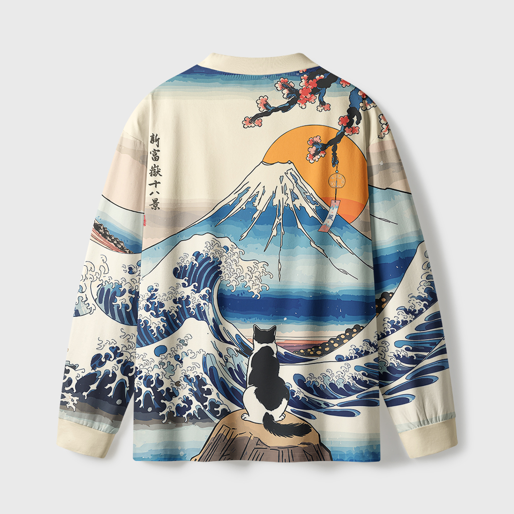 Tokyo-Tiger Cat Looking At The Great Wave Eco-Friendly Long Sleeve T-Shirt