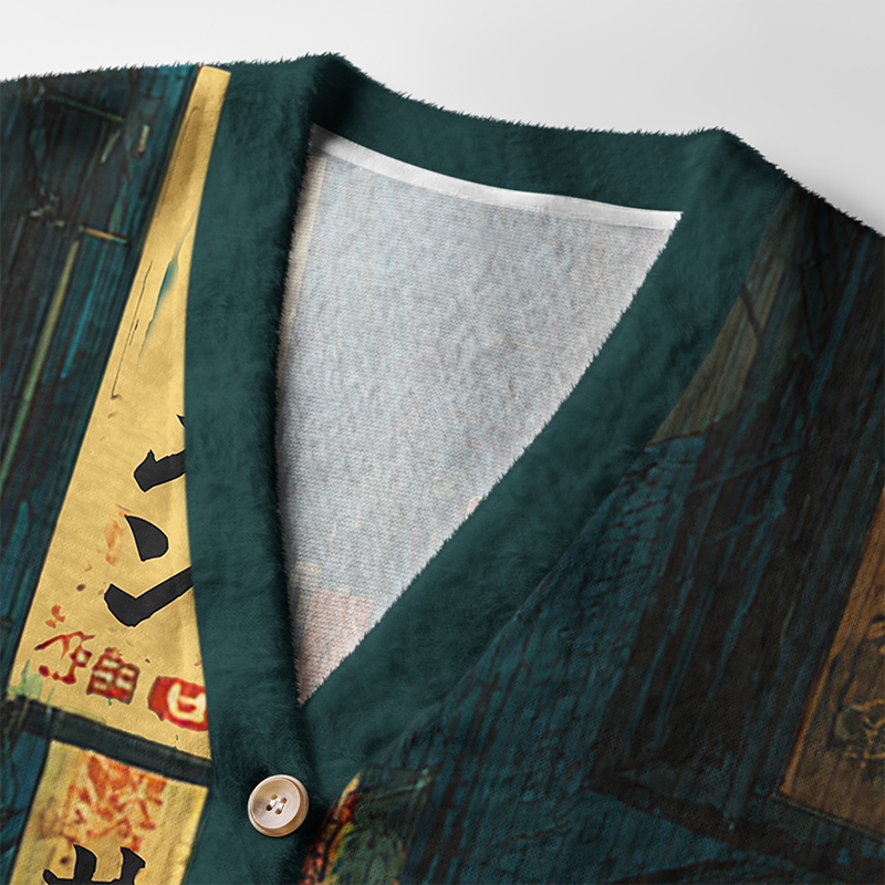 Tokyo-Tiger Retro Japanese Street Scene Ugly Cardigan Sweater