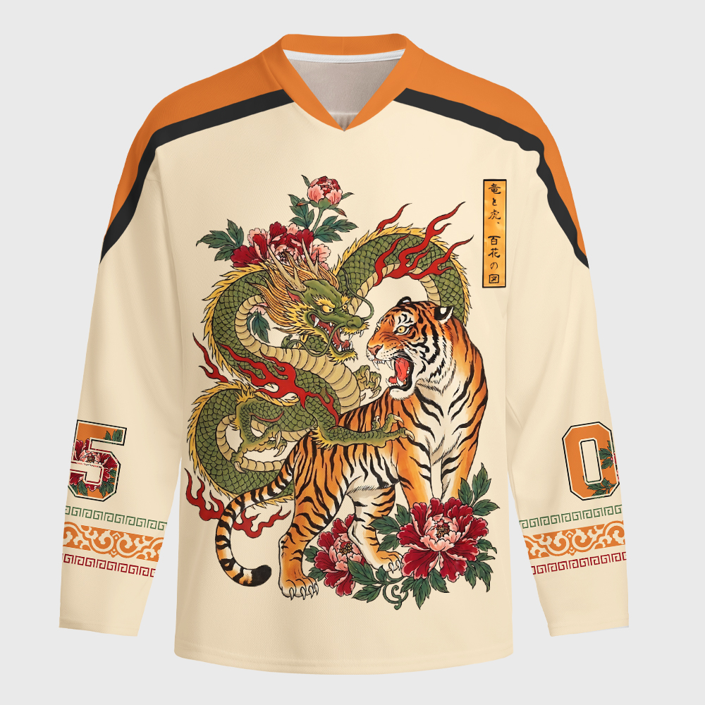 Tokyo-Tiger Dragon Tiger Wealth Peonies Long-Sleeve Hockey Jersey