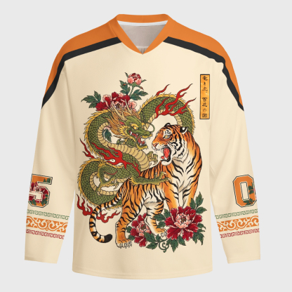 Tokyo-Tiger Dragon Tiger Wealth Peonies Long-Sleeve Hockey Jersey