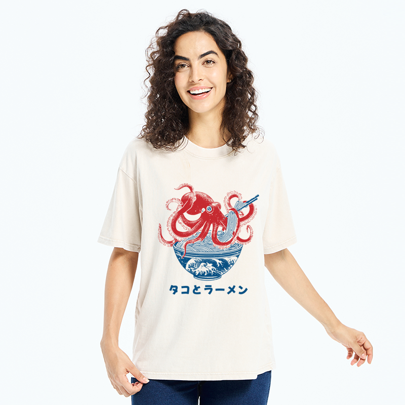 Tokyo-Tiger Octopus Eating Ramen Washed T-Shirt