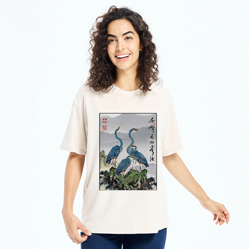 Tokyo-Tiger Cranes On Rock Zen Nature Washed T-Shirt