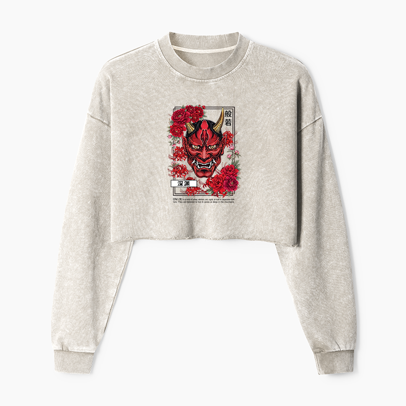 Tokyo-Tiger Cool Oni Floral Art Washed Crop Sweatshirt