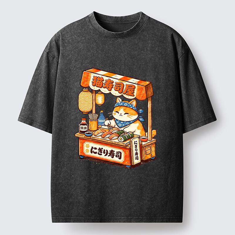 Tokyo-Tiger Cute Cat Running A Sushi Stall Washed T-Shirt