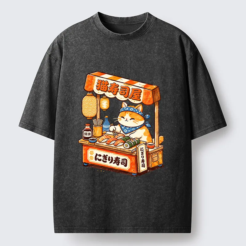 Tokyo-Tiger Cute Cat Running A Sushi Stall Washed T-Shirt