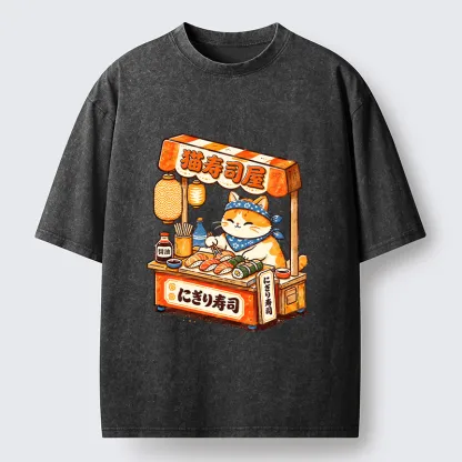 Tokyo-Tiger Cute Cat Running A Sushi Stall Washed T-Shirt