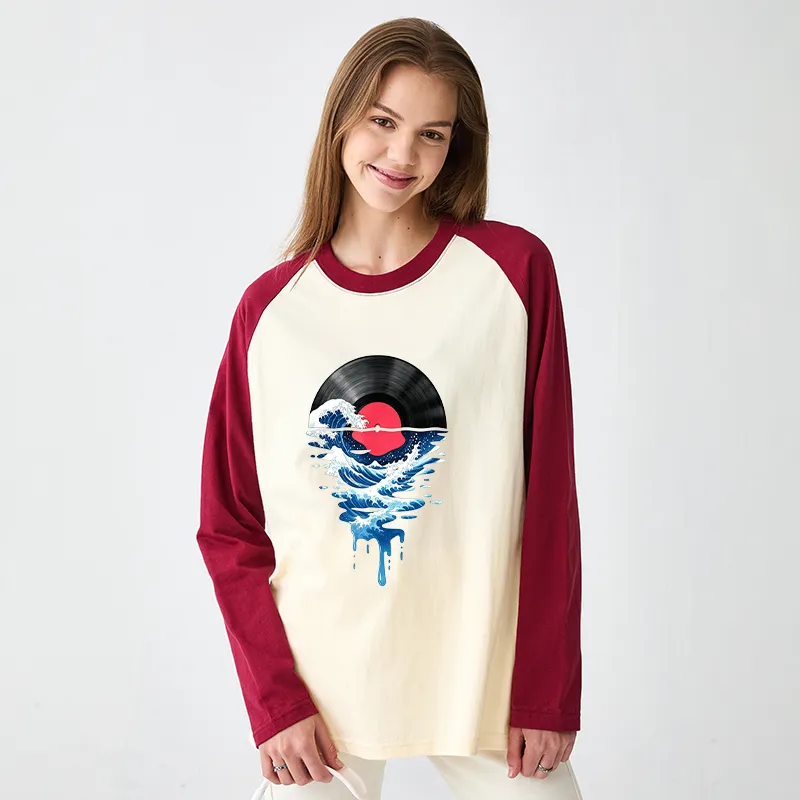 Tokyo-Tiger Vinyl Records And Waves Raglan Long Sleeve T-shirt