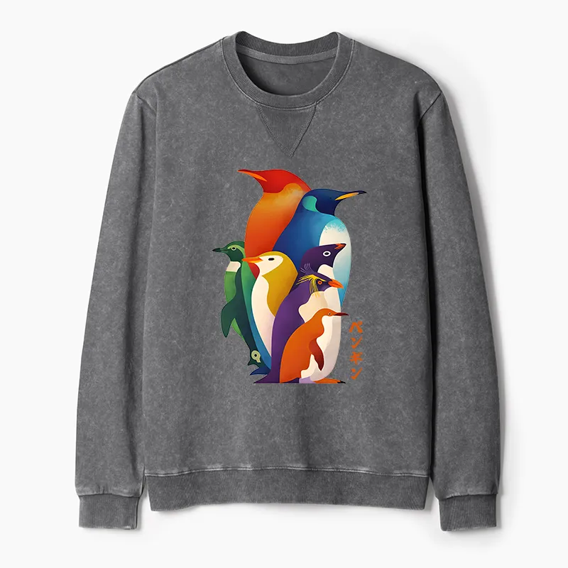 Tokyo-Tiger Cute Multi Tone Penguins Washed Terry Sweatshirt