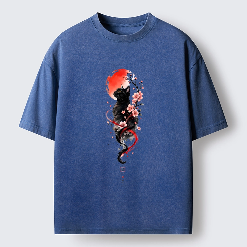 Tokyo‑Tiger Sakura Black Cat Art Washed T‑Shirt