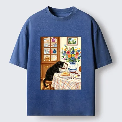 Tokyo‑Tiger Cute Snack Time Cat Washed T‑Shirt
