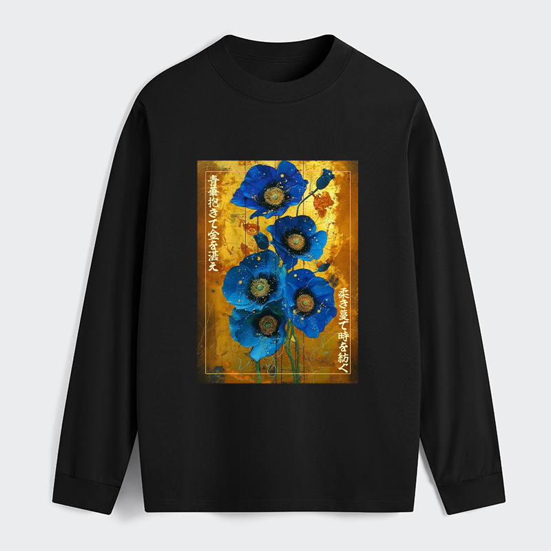 Tokyo-Tiger Shiny Blue Flower Warm Golden Background Classic Long Sleeve T-Shirt