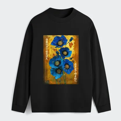 Tokyo-Tiger Shiny Blue Flower Warm Golden Background Classic Long Sleeve T-Shirt