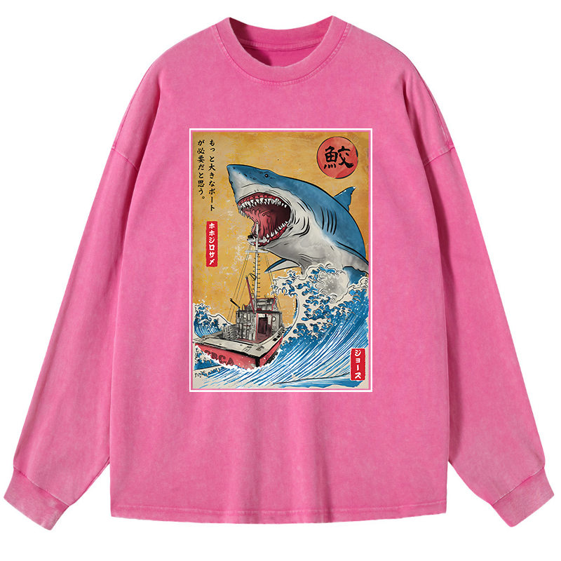 Tokyo-Tiger Ukiyoe Shark Japan Washed Long Sleeve T-Shirt