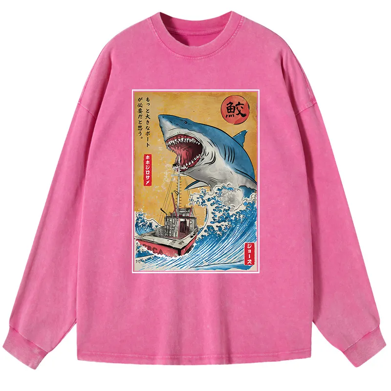 Tokyo-Tiger Ukiyoe Shark Japan Washed Long Sleeve T-Shirt