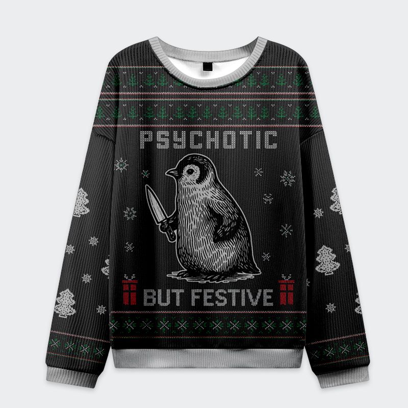 Tokyo-Tiger Funny Penguin Psychotic But Festive Christmas Ugly Sweater Sale