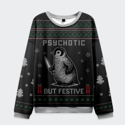 Tokyo-Tiger Funny Penguin Psychotic But Festive Christmas Ugly Sweatshirt