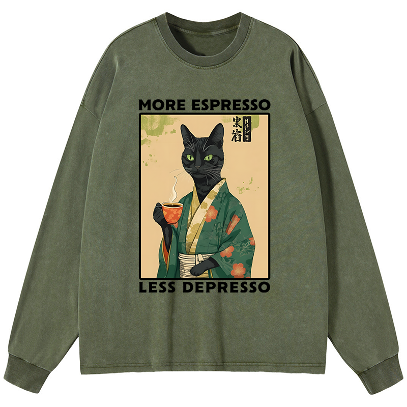 Tokyo-Tiger More Caffeine Less Sadness Washed Long Sleeve T-Shirt