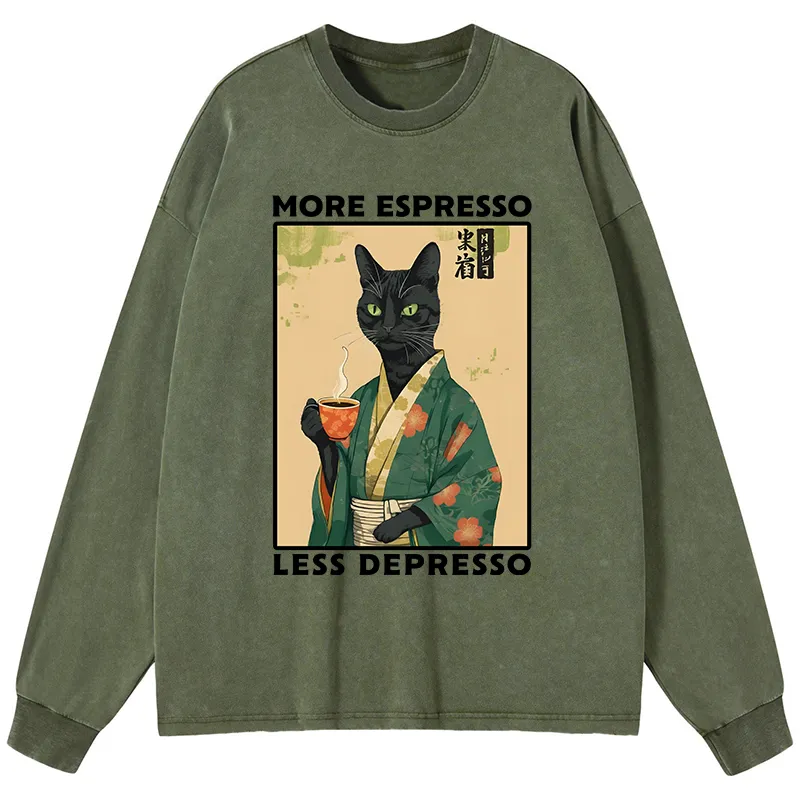 Tokyo-Tiger More Caffeine Less Sadness Washed Long Sleeve T-Shirt