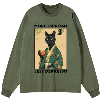 Tokyo-Tiger More Caffeine Less Sadness Washed Long Sleeve T-Shirt