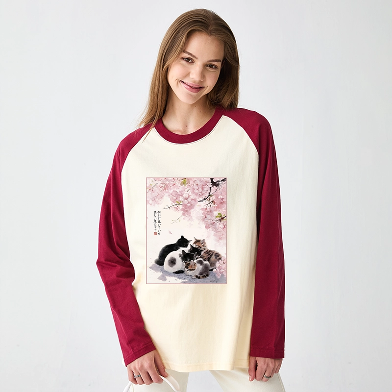 Tokyo-Tiger Cute Cats Sakura Garden Raglan Long Sleeve T-shirt