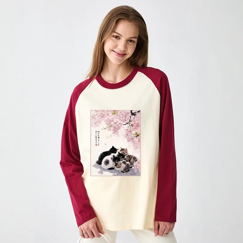 Tokyo-Tiger Cute Cats Sakura Garden Raglan Long Sleeve T-shirt