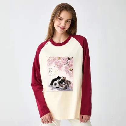 Tokyo-Tiger Cute Cats Sakura Garden Raglan Long Sleeve T-shirt