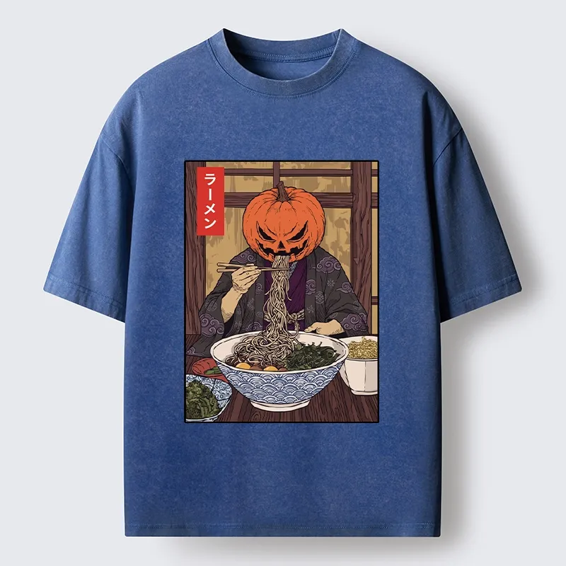 Tokyo‑Tiger Pumpkin Ramen Meme Washed T‑Shirt
