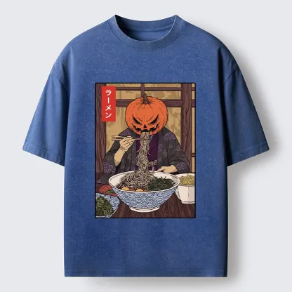 Tokyo‑Tiger Pumpkin Ramen Meme Washed T‑Shirt