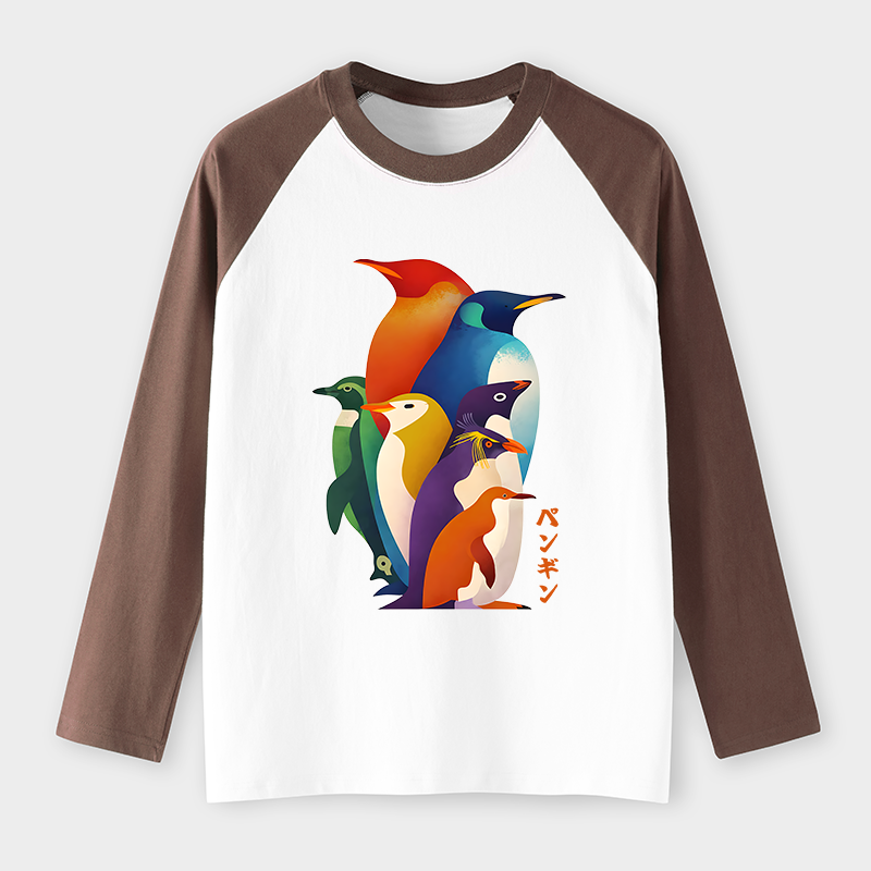 Tokyo-Tiger Cute Multi Tone Penguins Raglan Long Sleeve T-shirt