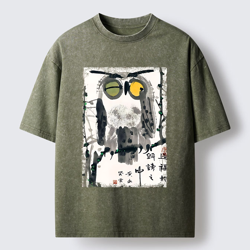 Tokyo-Tiger Oriental Ink Owl Art Washed T-Shirt