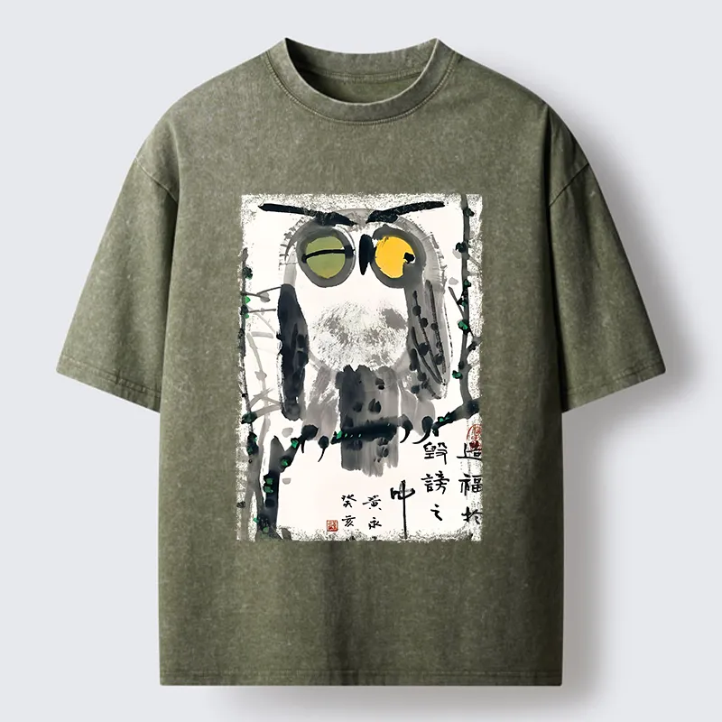 Tokyo-Tiger Oriental Ink Owl Art Washed T-Shirt