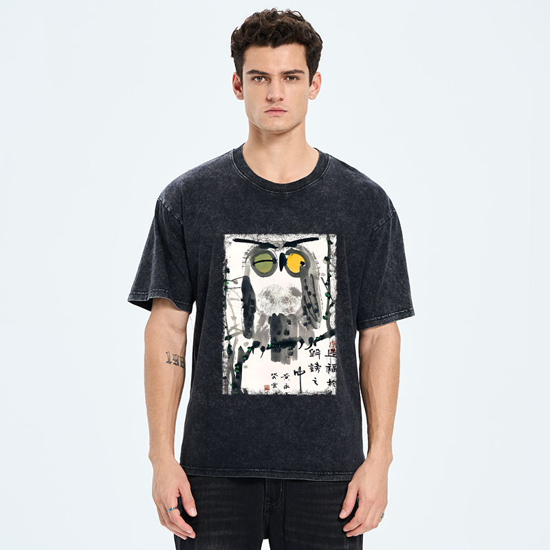 Tokyo-Tiger Oriental Ink Owl Art Washed T-Shirt