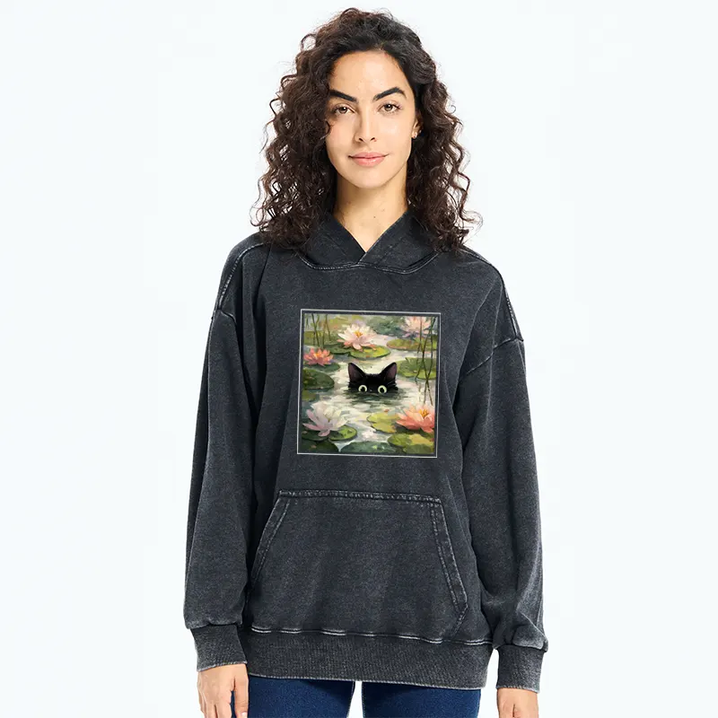 Tokyo-Tiger Black Cat and Lotus Flower Washed Hoodie